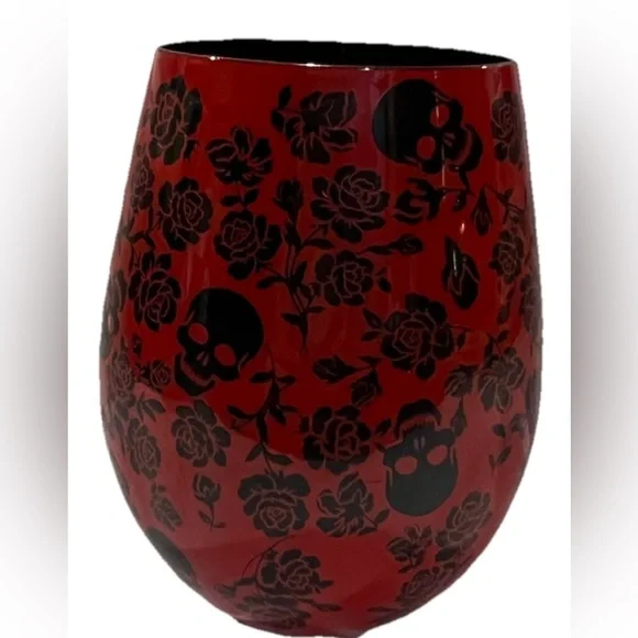 Gorgeous Red & Black Gothic Skulls & Roses Stemless Wine Glass 22oz - Picture 11 of 11